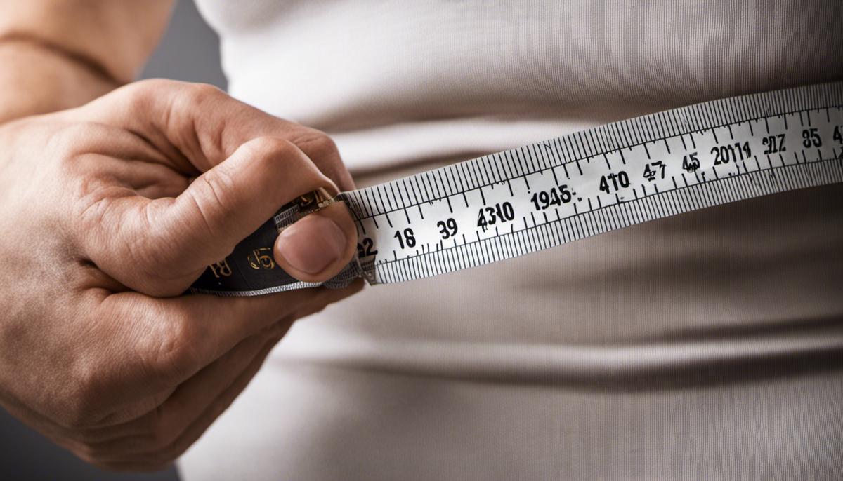 A person measuring their waist with a tape measure. This image represents the concept of girth measurement and its relation to weight.