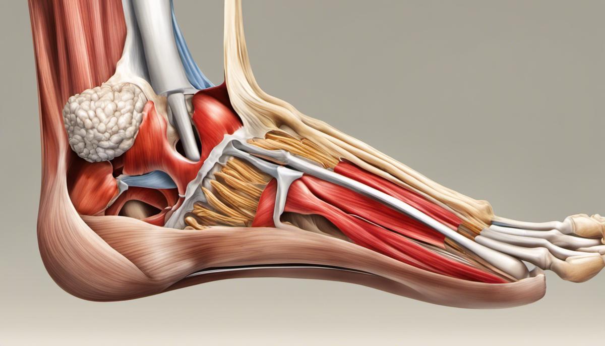 Illustration of the anatomy of an ankle, showing the ankle joint, Achilles tendon, and the malleolus.