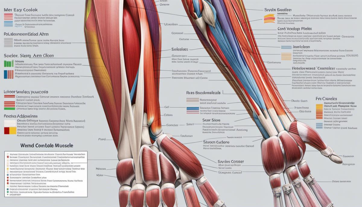 An image showing the different muscles of the arm, labeled and color-coded for easy identification.