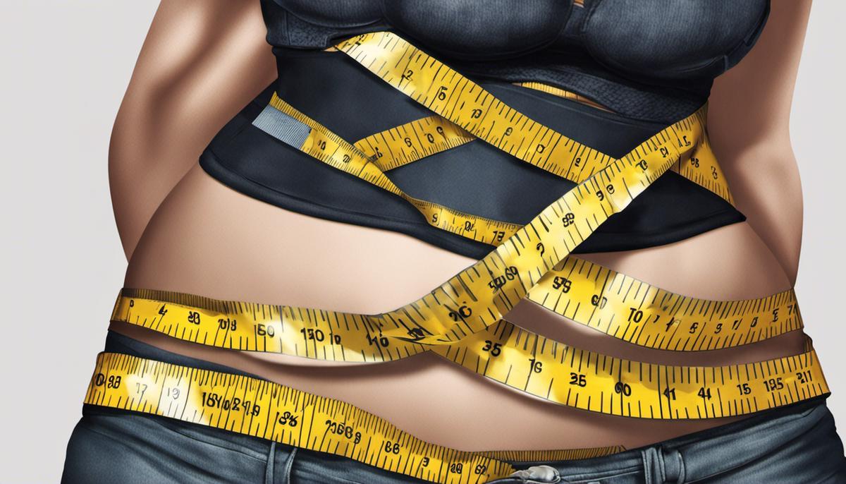 Illustration of a tape measure wrapped around a person's waist, hips, thighs, biceps, and neck.