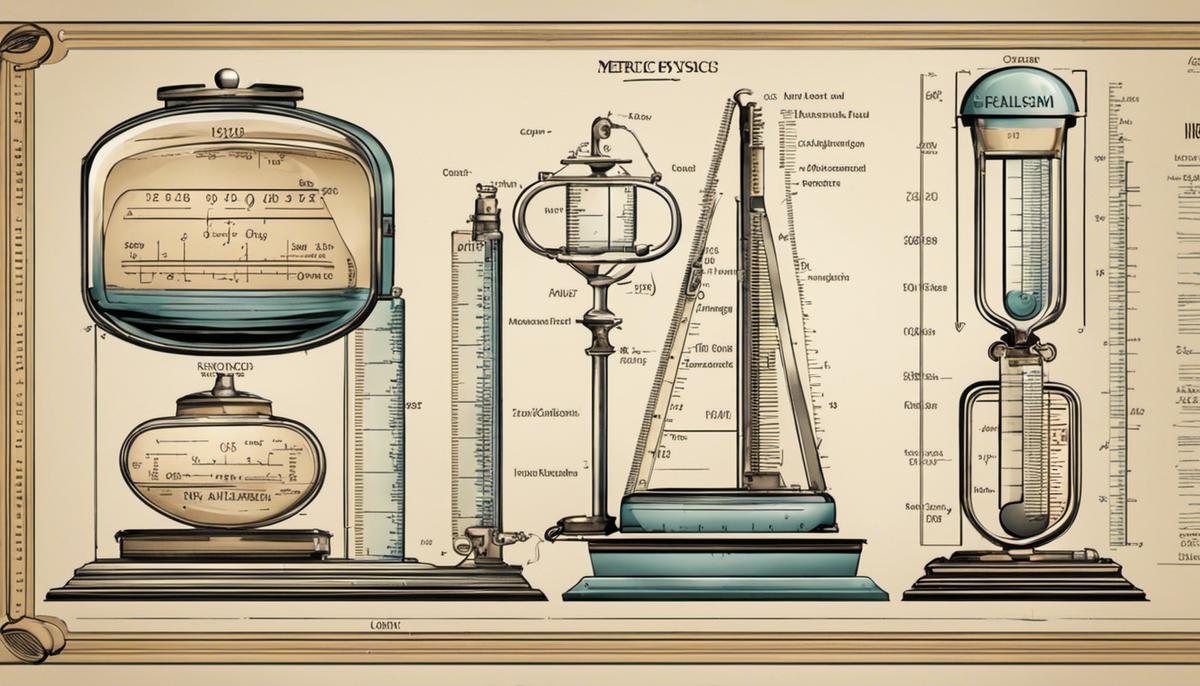 Illustration depicting the various units of the metric system, showing meters, kilograms, and seconds, symbolizing the universal and rational nature of the system.