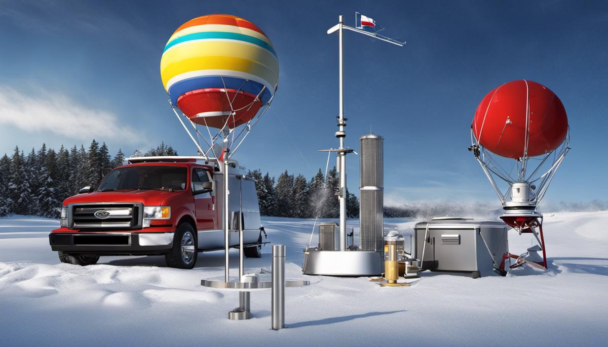 Image depicting a rain gauge, weather radar, weather balloon, snow ruler, and satellite to represent the various methods of precipitation measurement.