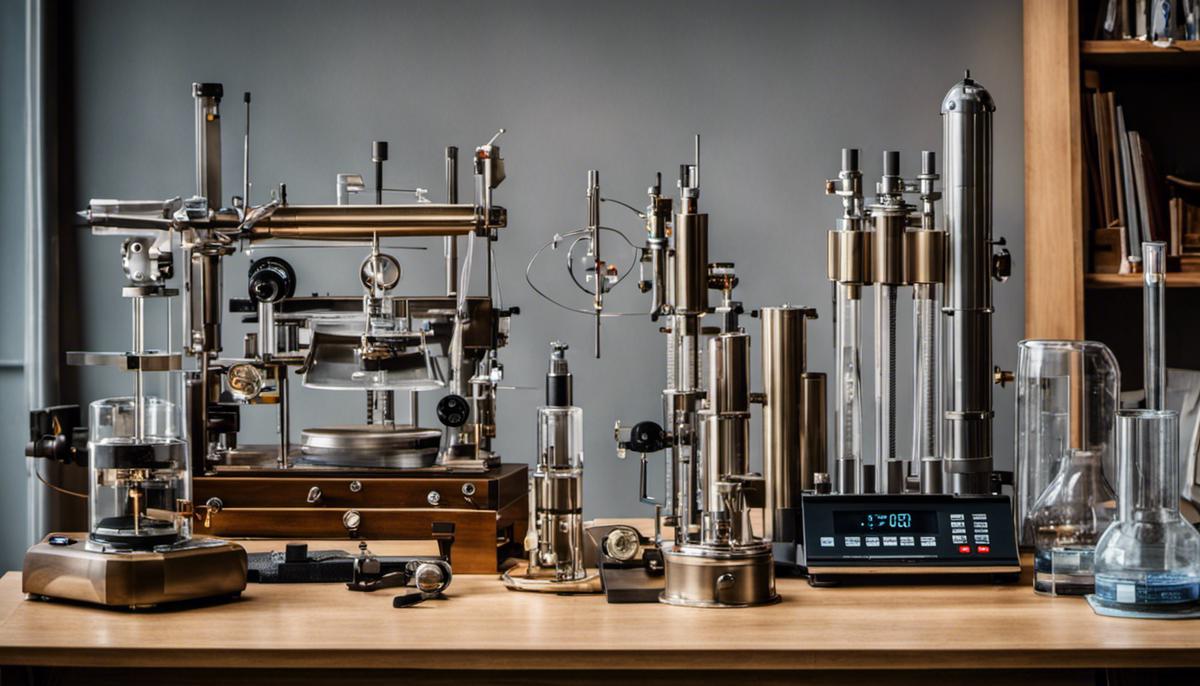 Various scientific measurement tools and equipment laid out on a table.