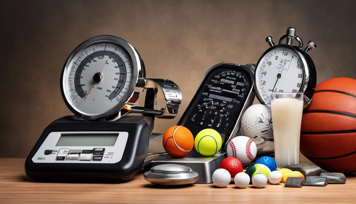 An image showing various measurement units used in sports, including a football, basketball, golf ball, stopwatch, swimming pool, and a scale weighing stones and pounds.